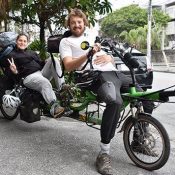 European couple visits Okinawa during round-the-world trip on tandem bicycle