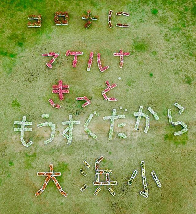 Teachers at Ohama Elementary School in Ishigagi write message for children in flowers on the sports ground, “It will certainly be soon”